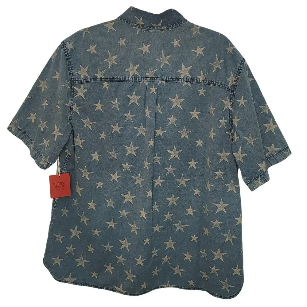 New Mossimo Mens XL Button Down Shirt Stars Cement Blue Short Sleeve - Picture 2 of 6